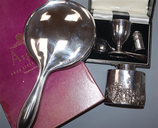 A late Victorian silver caddy(a.f.), a cased silver two piece christening set, silver hand mirror and small silver pepperette.